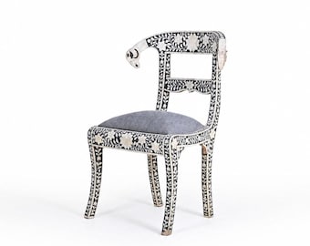 Handcrafted Bone Inlay Accent Chair – Floral Carved Design with Upholstered Seat