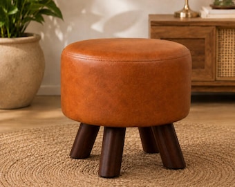 Handmade Leather Ottoman Stool, Round Pouf with Wooden Legs, Modern Footrest, Living Room Accent Seat, Entryway Stool, Scandinavian Decor