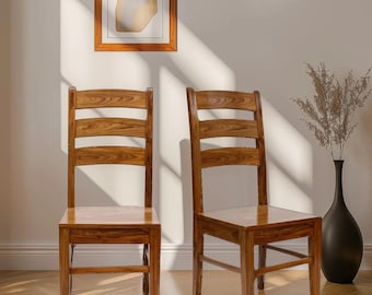 Silla de comedor rústica hecha a mano de madera maciza con respaldo de escalera / Estilo campestre
