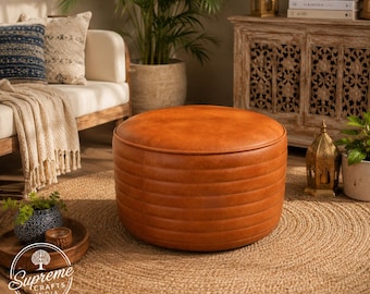 Handcrafted Leather Round Pouf Ottoman | Modern Footstool | Brown Leather Floor Cushion | Living Room Ottoman | Handmade Decor