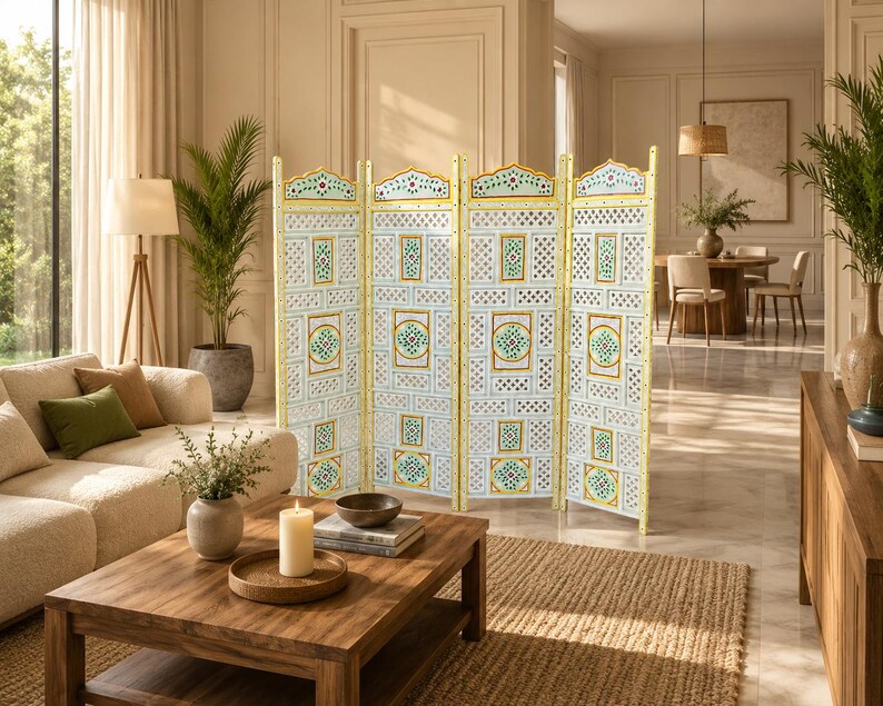 Handcrafted 4-panel Folding Room Divider Screen: Floral Carved Privacy ...