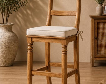 Silla de bar de madera maciza hecha a mano con tallado floral / Asiento de mostrador de cocina estilo rústico
