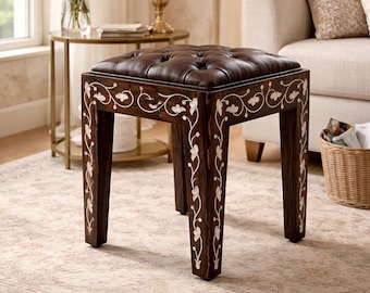 Handmade Bone Inlay Stool – Tufted Leather Chesterfield Seat, Floral Wood Vanity Accent Piece