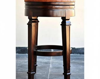 Handcrafted Wooden Bar Stool with Leather Seat | Rustic Kitchen Island Stool