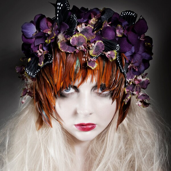 Sumptuous Feather, Hydranger, Orchid, Butterfly Wing and Magpie Skull Headpiece "Freyja"