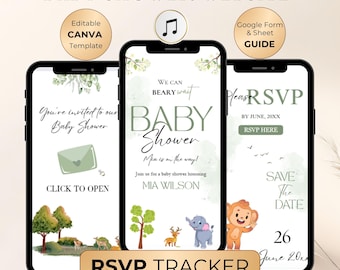 Safari Baby Shower Website Invitation | Jungle Theme Digital | Canva Template, RSVP Tracker