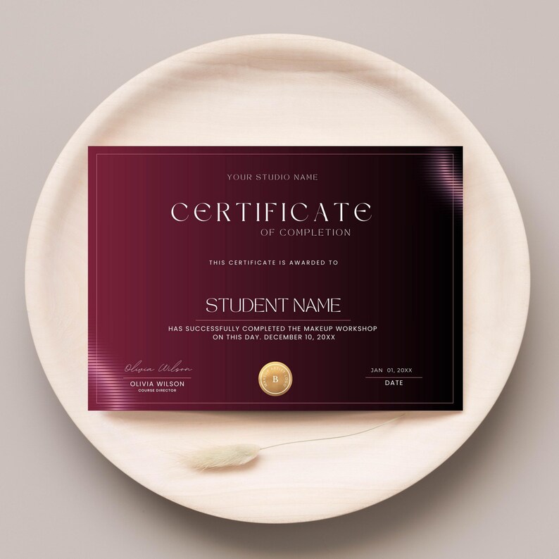 May include: A certificate of completion with a burgundy gradient background. The text reads "YOUR STUDIO NAME CERTIFICATE OF COMPLETION" and "STUDENT NAME". Includes the date and signature of Olivia Wilson.