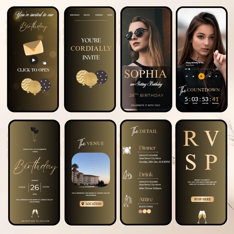 May include: A collection of eight smartphone screens with a dark gold background. The screens display birthday invitation details, including text, graphics, and photos. The invitations include details for the venue, RSVP information, and event details.
