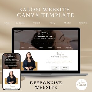 May include: A laptop and smartphone show a website template for a beauty salon. The design includes sections for home, services, price list, gallery, and contact details. The text "BEAUTY SALON FASHION FOR WOMEN" is displayed on the screen.