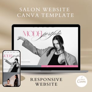 May include: A laptop and smartphone display a model portfolio website template. The laptop screen shows a woman in a blazer, with the text "MODEL portfolio" in pink. The smartphone shows the same design. Text at the top reads "SALON WEBSITE CANVA TEMPLATE".