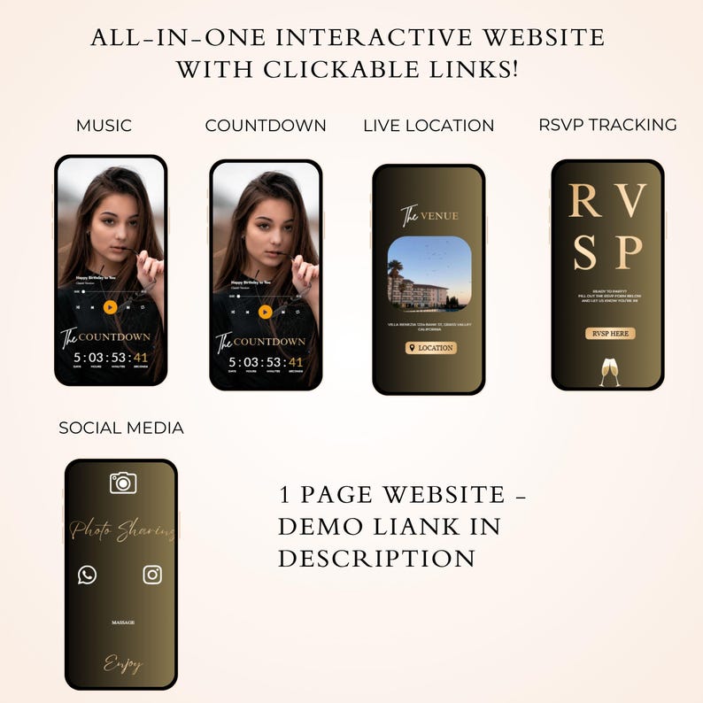 May include: An all-in-one interactive website design displayed on five smartphones. The screens showcase features like music, countdown, live location, RSVP tracking, and social media integration. Text includes "ALL-IN-ONE INTERACTIVE WEBSITE WITH CLICKABLE LINKS!" and "1 PAGE WEBSITE - DEMO LIANK IN DESCRIPTION."