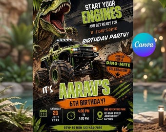 Dinosaur Monster Truck Party Invite, Editable Canva Template, Printable Dino Truck Celebration