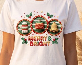 Christmas Knitwear Design PNG: Merry & Bright, Holiday Crafts | Typography, Ornaments, Pattern (Digital Download)
