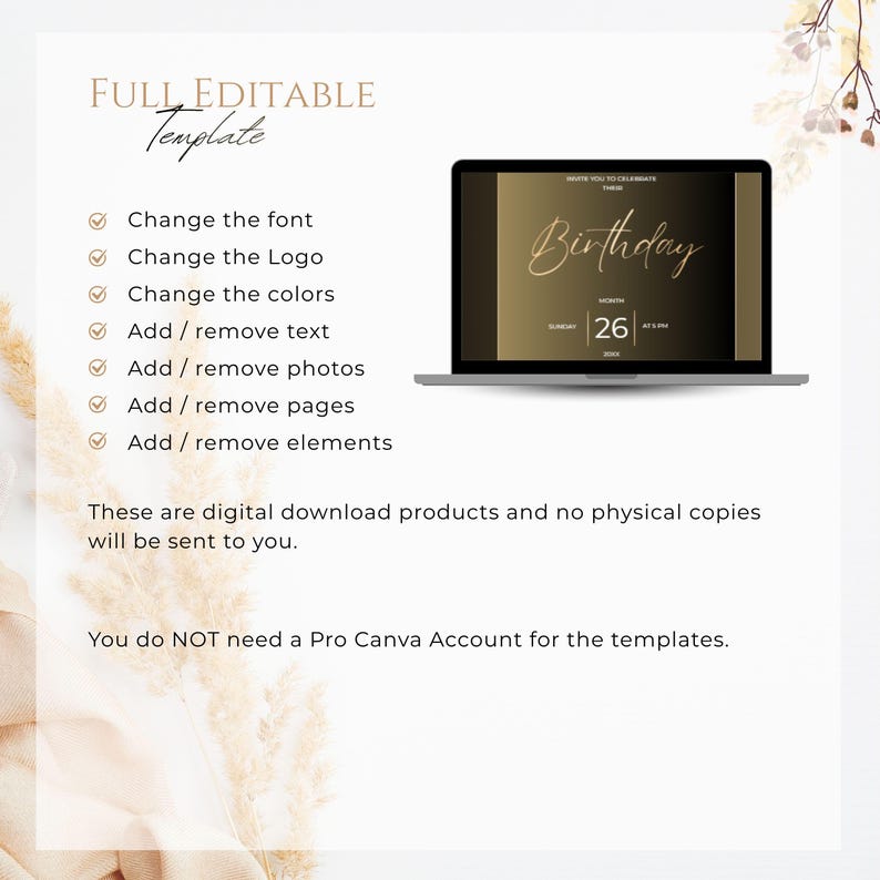 May include: A laptop displays a digital birthday template with gold accents. The screen shows the word "Birthday" in elegant script, along with the date "26". Text on the left indicates the template is fully editable, allowing changes to font, logo, colors, and elements.