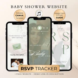 Może przedstawiać: Makieta trzech smartfonów wyświetlających stronę internetową baby shower. Ekrany pokazują szczegóły zaproszenia, odtwarzacz muzyki i formularz RSVP. Tekst zawiera "Baby Shower Website" i "RSVP Tracker."