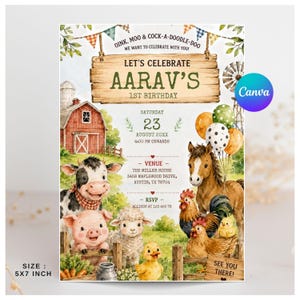 May include: A 5x7 inch birthday invitation card featuring watercolor farm animals including a cow, pig, sheep, horse, rooster, and duckling. The text reads Let's Celebrate Aarav's 1st Birthday, Oink, Moo & Cock-a-doodle-doo, and includes event details.