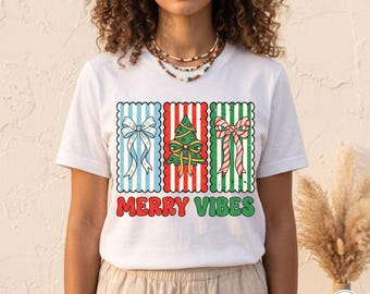 Christmas Merry Vibes PNG | Festive Bow, Tree & Stripe Design | Digital Download