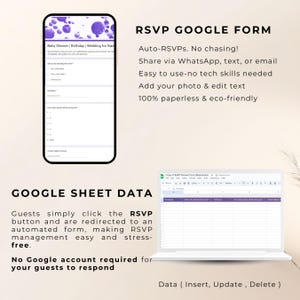 May include: A smartphone displays a baby shower RSVP form with purple accents. Text highlights features like auto-RSVPs, easy sharing, and eco-friendliness. A laptop shows a Google Sheet, emphasizing data management for RSVPs.