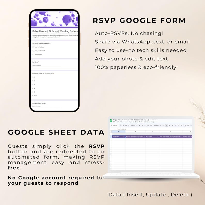 May include: A smartphone displays a baby shower RSVP form with purple accents. Text highlights features like auto-RSVPs, easy sharing, and eco-friendliness. A laptop shows a Google Sheet, emphasizing data management for RSVPs.