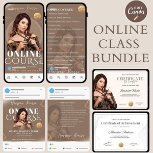 May include: A digital marketing kit for an online makeup course. The kit includes social media posts, a certificate of completion, and a certificate of achievement. The social media posts feature a woman with makeup brushes and the text "Online Course". The certificates are in a white and gold design with the text "Certificate of Completion" and "Certificate of Achievement".