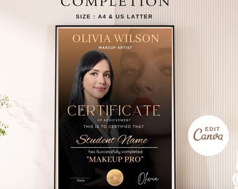 Editable Makeup Artist Certificate Template | Canva Beauty Course Certificate of Achievement with Photo