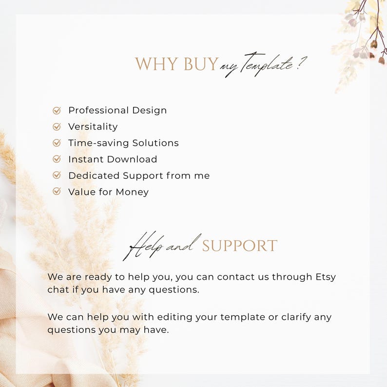 May include: A digital product advertisement with text that reads "WHY BUY my Template?" followed by a list of benefits. The text is in a stylish font, with a neutral color palette and decorative floral elements.