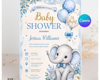 Elephant Baby Shower Invitation, Blue Balloon Floral Boy Template, Canva Editable, Mom-to-Be