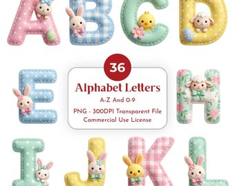 Easter Bunny Alphabet Clipart, Pastel Spring Letters A-Z 0-9, Digital Download