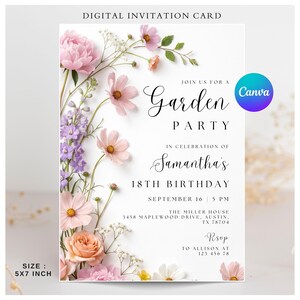 May include: A 5x7 inch digital invitation card for a garden party celebrating Samantha's 18th birthday on September 16 at 5 PM at The Miller House, 3458 Maplewood Drive, Austin, TX 78704. The card features pink, purple, and peach floral illustrations.