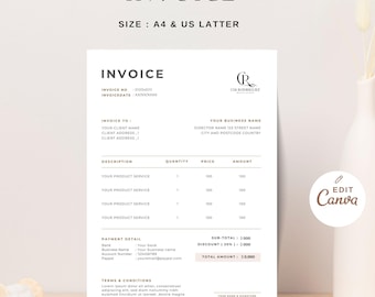 Modern Canva Invoice Template | Business PDF Billing | Receipt | Editable Template | A4 Size & US Letter