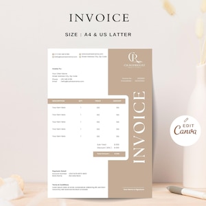 May include: A beige and white invoice template with the word "INVOICE" at the top. The document includes fields for client information, item descriptions, quantities, prices, and totals. The size is A4 & US Letter. The Canva logo is in the bottom right corner.
