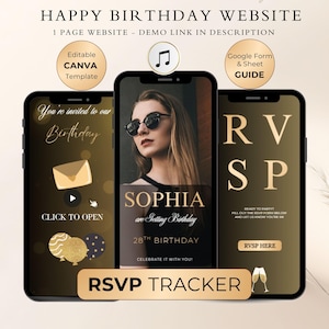 May include: A digital birthday website template displayed on three smartphones. The design features gold and black colors, with text that reads "HAPPY BIRTHDAY WEBSITE" and "RSVP TRACKER". The template includes a Canva template and a Google Form guide.