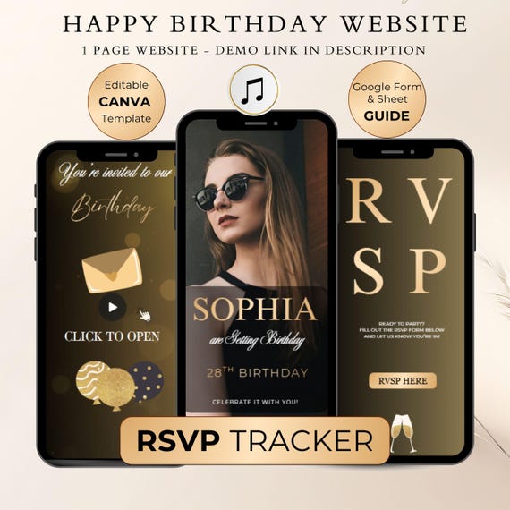 Editable Digital Birthday Template | Mobile Invitation with RSVP Tracker| Animated Birthday Website | Glam Party