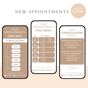 Historias de Instagram de negocios de belleza / Plantillas de disponibilidad diaria y horarios / Nuevas citas esta semana