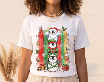 Christmas Penguin PNG Design | Stacked Festive Holiday Art | ELF, Light, Gifts, Bell, Santa