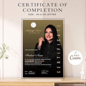 Op de afbeelding: Een certificaat van voltooiing voor een make-up seminar, met de tekst "CERTIFICAAT VAN VOLTOOIING" en "MAAT: A4 & US LETTER". Het certificaat bevat een foto van een vrouw en de tekst "Makeup Artist" en "Student Name".
