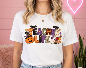 Teacher Life PNG | Halloween Pumpkin & Bat Typography Design | Digital Download