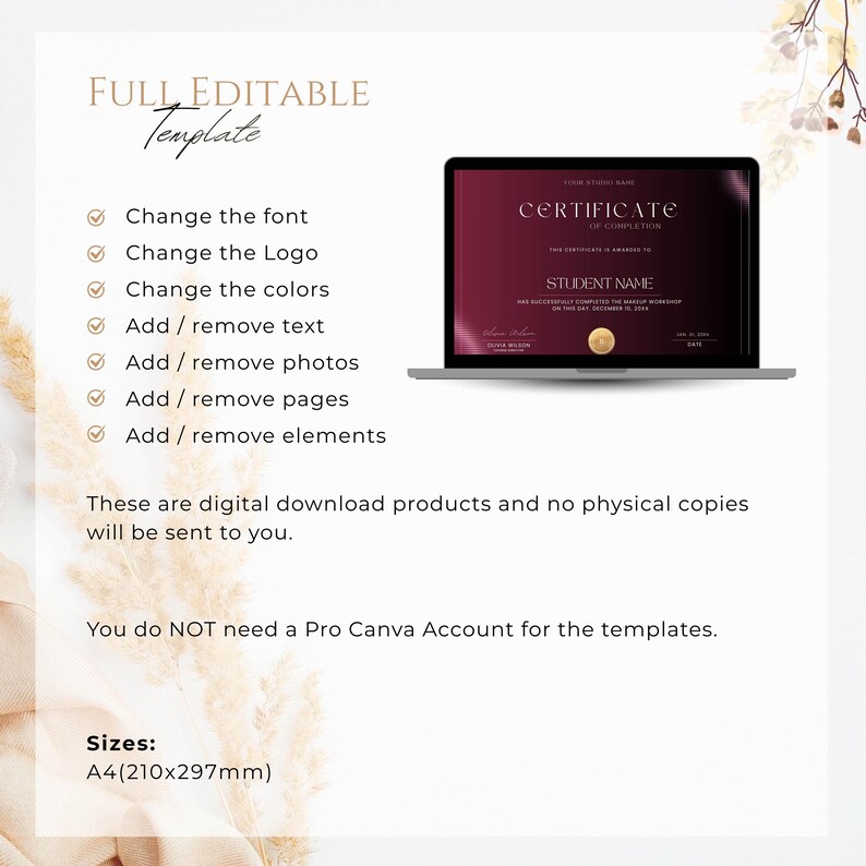 May include: A digital template with the text "FULL EDITABLE Template" and a laptop displaying a certificate. The certificate has a burgundy background and gold accents. Text includes "CERTIFICATE OF COMPLETION" and "STUDENT NAME". The image also lists template features.