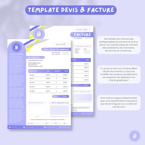 Peut inclure: Modèle de facture et de devis violet clair et blanc avec le texte "TEMPLATE DEVIS & FACTURE". La conception comprend un logo, des champs pour les détails et une section pour les services et les totaux. Le modèle est pour les services de conception graphique.