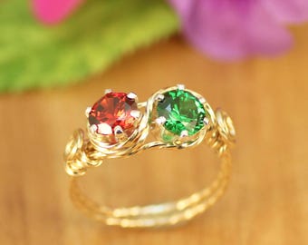 Gold-Filled Mother Ring: Twisted Wire, Two Birthstones