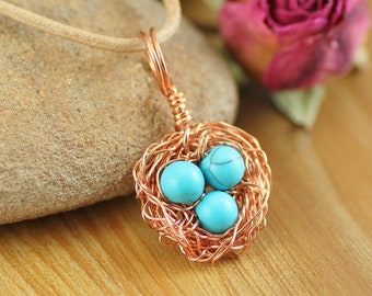 Bird nest necklace copper ~ Robin blue bird nest ~ Mama bird nest with robin blue eggs ~ Nature lover jewelry ~ Mother's day necklace