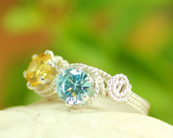 Bague de maman en fil d'argent torsadé ~ Bague de naissance ~ Bague 2 pierres ~ Bijou naissance ~ Bague grand-mère