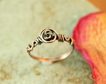 Wire Wrapped Rose Ring ~ Small Oxidized Copper Rose Ring ~ Patina Copper Dainty Rosette Ring ~ Minimalist Jewelry ~ Stacking ring copper