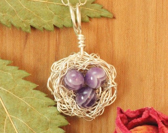 Sterling Silver Bird's Nest Necklace: Amethyst Eggs, Nature Jewelry