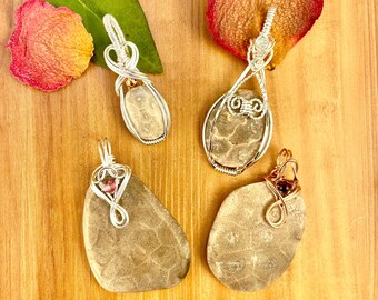 Petoskey or Fossil Stone Wire Wrapped Pendants in Sterling Silver Filled and Copper ~ Fossil Charms Necklaces ~ Michigan State Stone ~ Gift