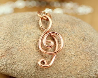 Handmade Treble Clef Silver or Copper Pendant Necklace ~ Music Jewelry ~ Music Note Necklace ~ Gift for Musician ~ Treble Clef Charm Jewelry