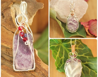 Amethyst & Lepidolite Handmade Wire-Wrapped Pendants in Sterling Silver-Filled ~ February birthstone Jewelry ~ Gift for women ~ Gift for Her