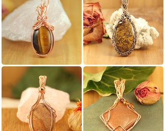 Wire Wrapped Pendants Handmade in Copper ~ Tiger Eye, Mariam Jasper, Sandstone, Goldstone Charms ~ Gift for Her ~ Natural Gemstone Jewelry