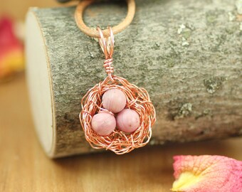 Bird nest necklace ~ Copper bird nest ~ Mama bird nest with pink eggs ~ Nature lover jewelry ~Pink bird nest~ Mother's day necklace