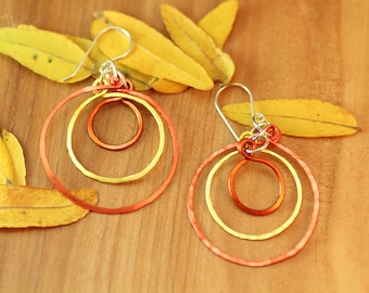 Hoop Earrings Handmade ~ Orange & Yellow Big Circle Hammered Earrings ~ 3 Loop Earrings ~ Wire Wrapped Dangle Earrings Textured Hoops